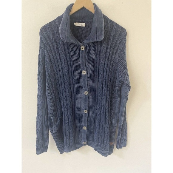 LauRie DK Size 40 Womens Blue Chunky Cable Knit Cotton Cardigan Blue Sweater - Picture 1 of 10